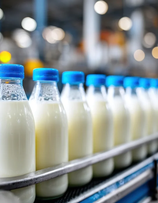 Food production line with milk bottles in factory – Senu Consult